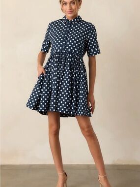 NWT Prosperina Piper Navy White Polka Dot Mini Dress - size Small